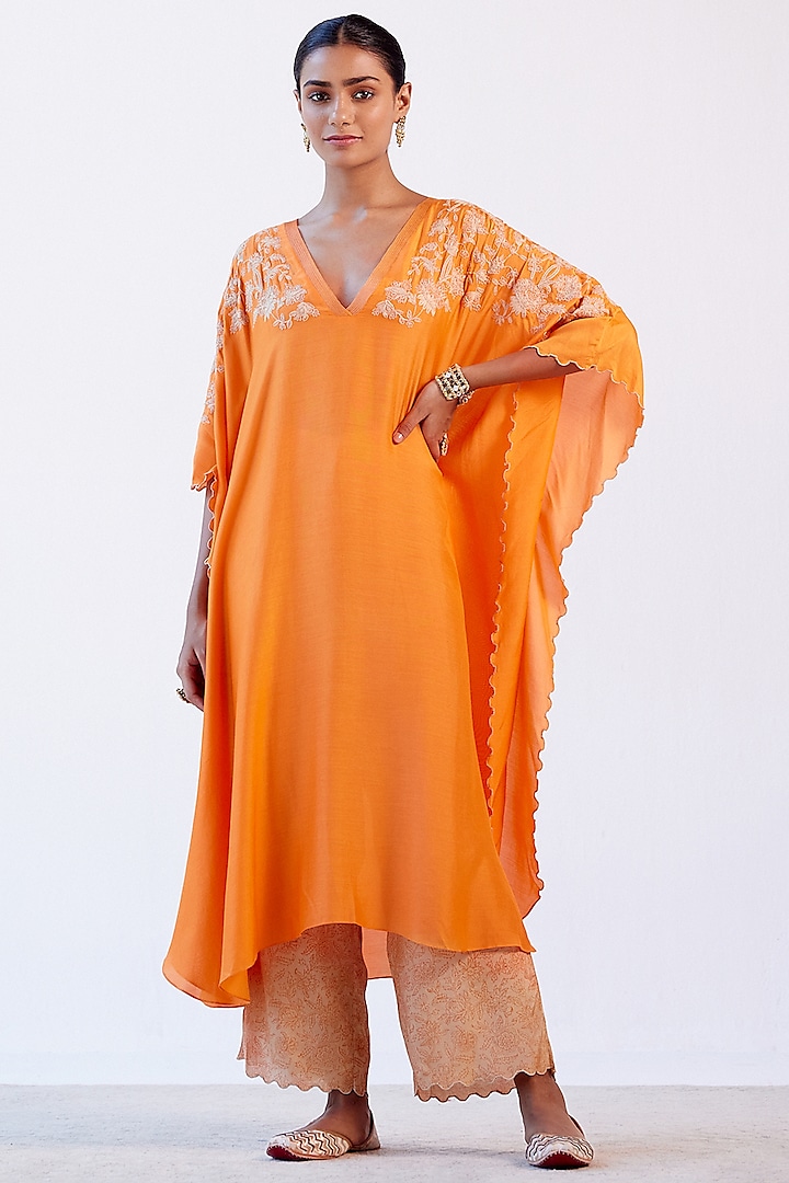 Orange Embroidered Kaftan Set by Devnaagri
