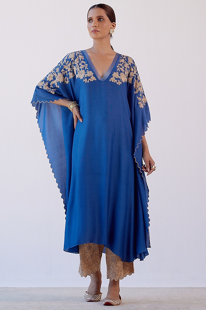 Blue Embroidered Kaftan Set by Devnaagri at Pernia's Pop Up Shop