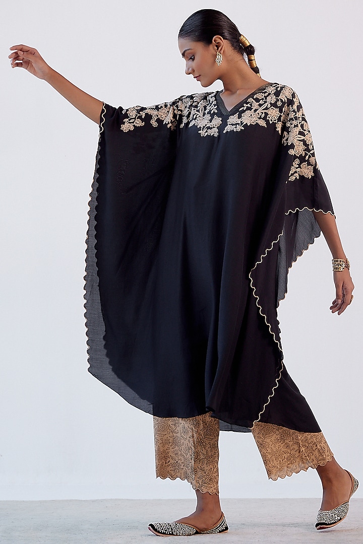 Black Embroidered Kaftan Set by Devnaagri at Pernia's Pop Up Shop