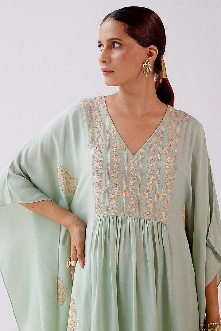 Sage Green Embroidered Kaftan Set by Devnaagri at Pernia's Pop Up Shop