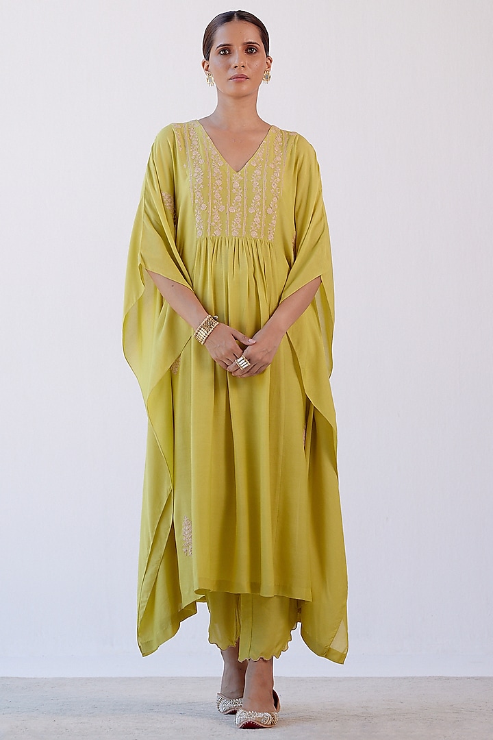 Lime Green Embroidered Kaftan Set by Devnaagri at Pernia's Pop Up Shop