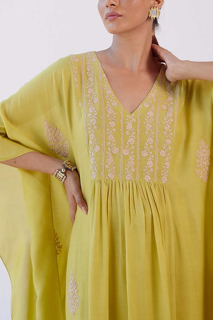 Lime Green Embroidered Kaftan Set by Devnaagri at Pernia's Pop Up Shop