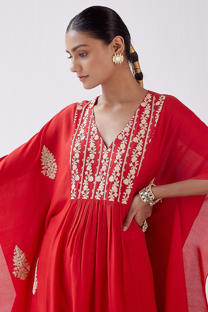 Red Embroidered Kaftan Set by Devnaagri at Pernia's Pop Up Shop
