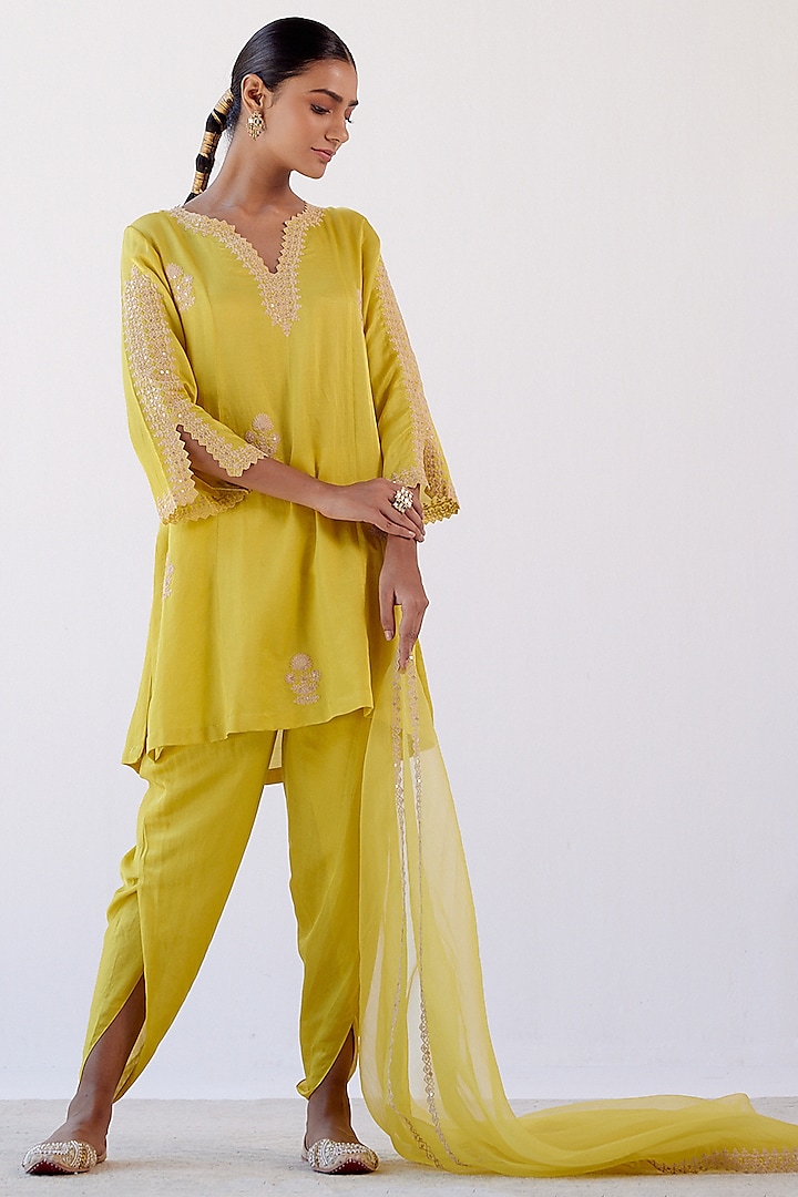 Bright Yellow Cotton Silk Dhoti Set by Devnaagri