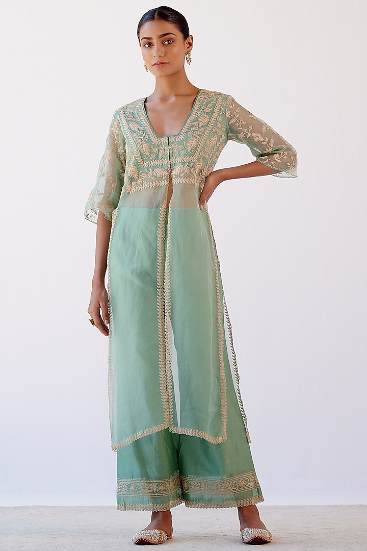 Sage Green Embroidered Kurta Set by Devnaagri at Pernia's Pop Up Shop