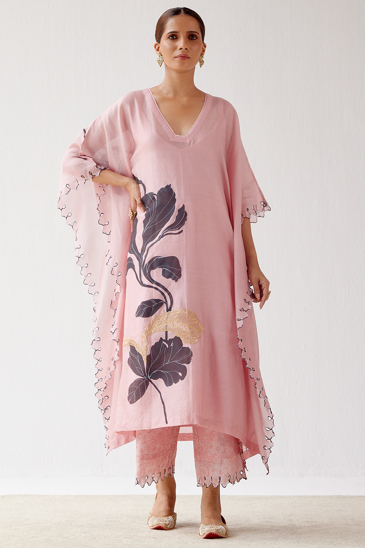 Pink Hand-Painted Kaftan Set by Devnaagri at Pernia's Pop Up Shop