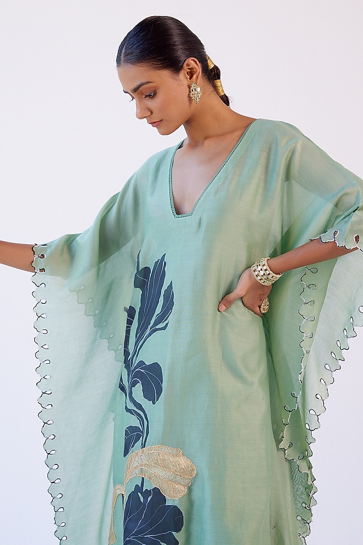 Green Hand-Painted Kaftan Set by Devnaagri at Pernia's Pop Up Shop