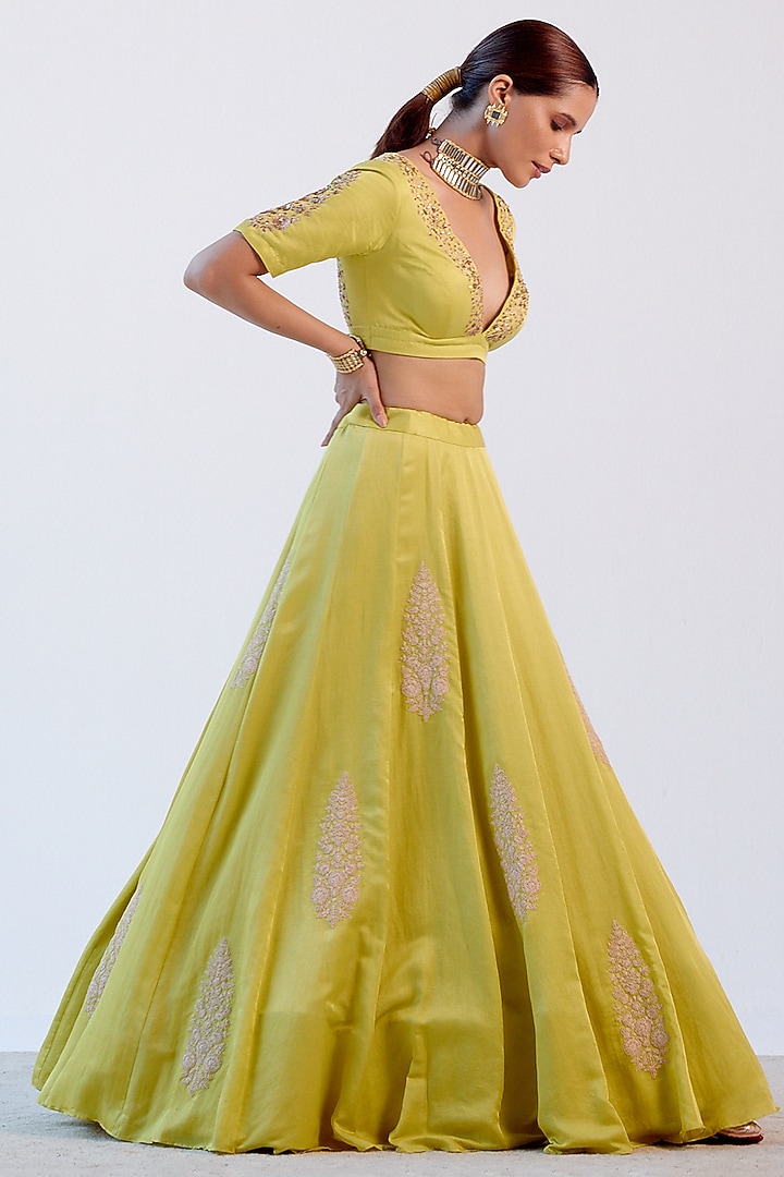 Lime Green Embroidered Wedding Lehenga Set by Devnaagri at Pernia's Pop Up Shop
