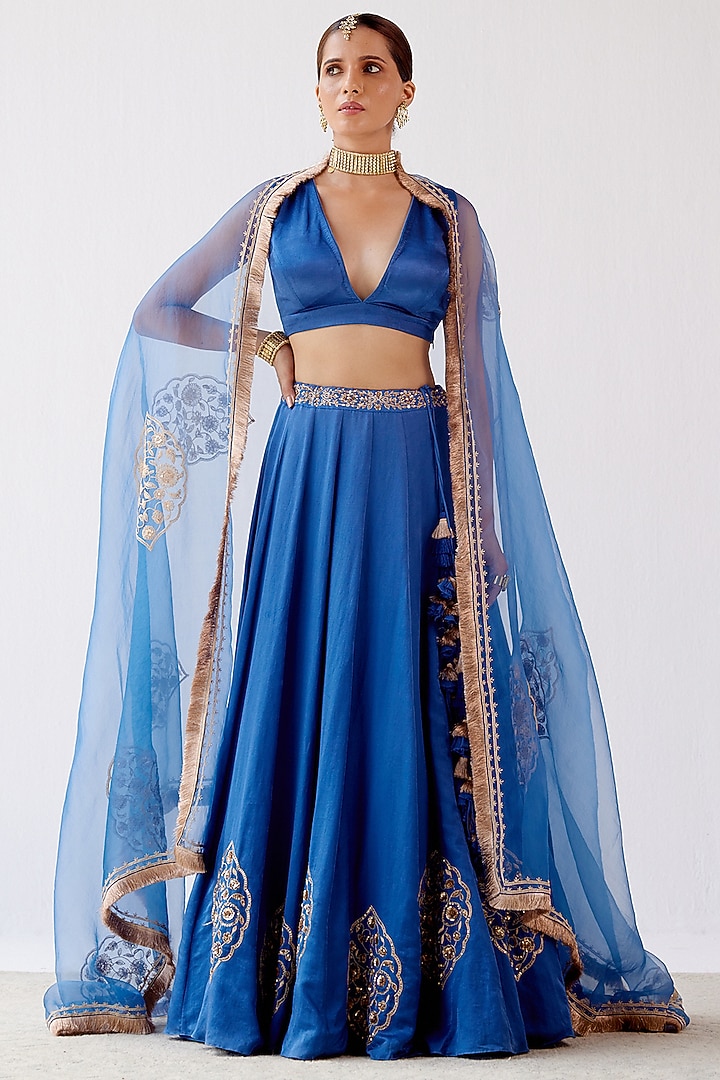 Blue Embroidered Wedding Lehenga Set by Devnaagri at Pernia's Pop Up Shop
