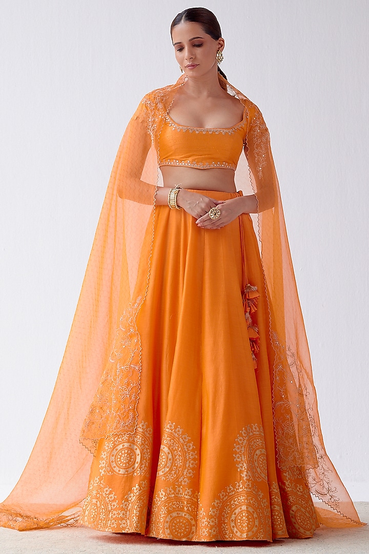 Orange Hand -Block Printed Wedding Lehenga Set by Devnaagri at Pernia's Pop Up Shop