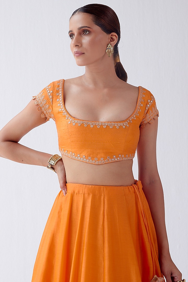 Orange Hand -Block Printed Wedding Lehenga Set by Devnaagri at Pernia's Pop Up Shop