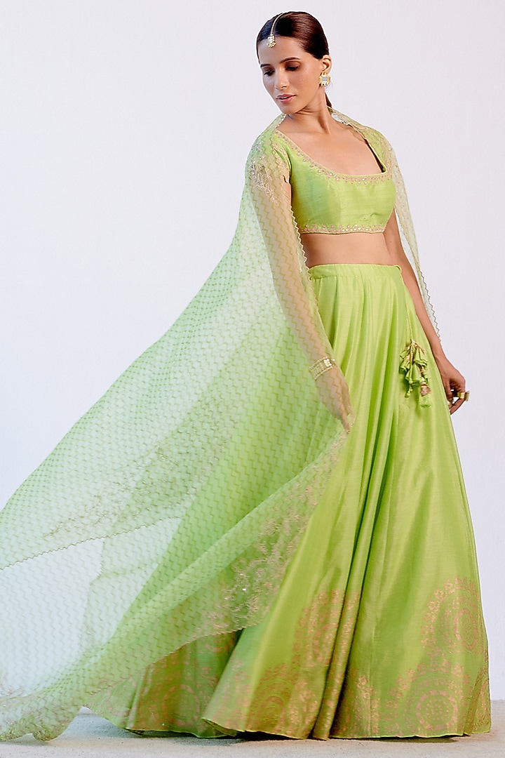 Green Hand-Block Printed Wedding Lehenga Set by Devnaagri at Pernia's Pop Up Shop