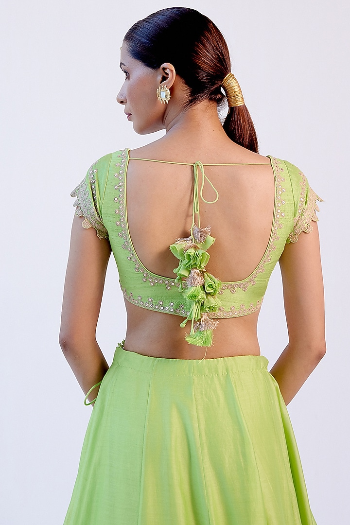 Green Hand-Block Printed Wedding Lehenga Set by Devnaagri at Pernia's Pop Up Shop
