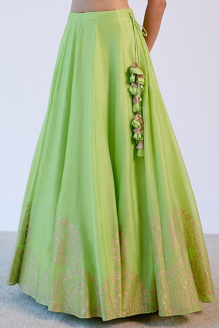 Green Hand-Block Printed Wedding Lehenga Set by Devnaagri at Pernia's Pop Up Shop