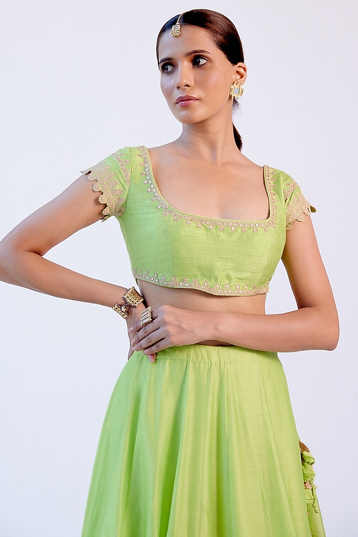 Green Hand-Block Printed Wedding Lehenga Set by Devnaagri at Pernia's Pop Up Shop
