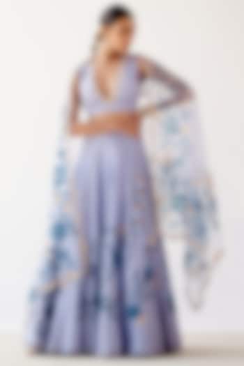 Aegean Blue Hand-Painted Wedding Lehenga Set by Devnaagri at Pernia's Pop Up Shop