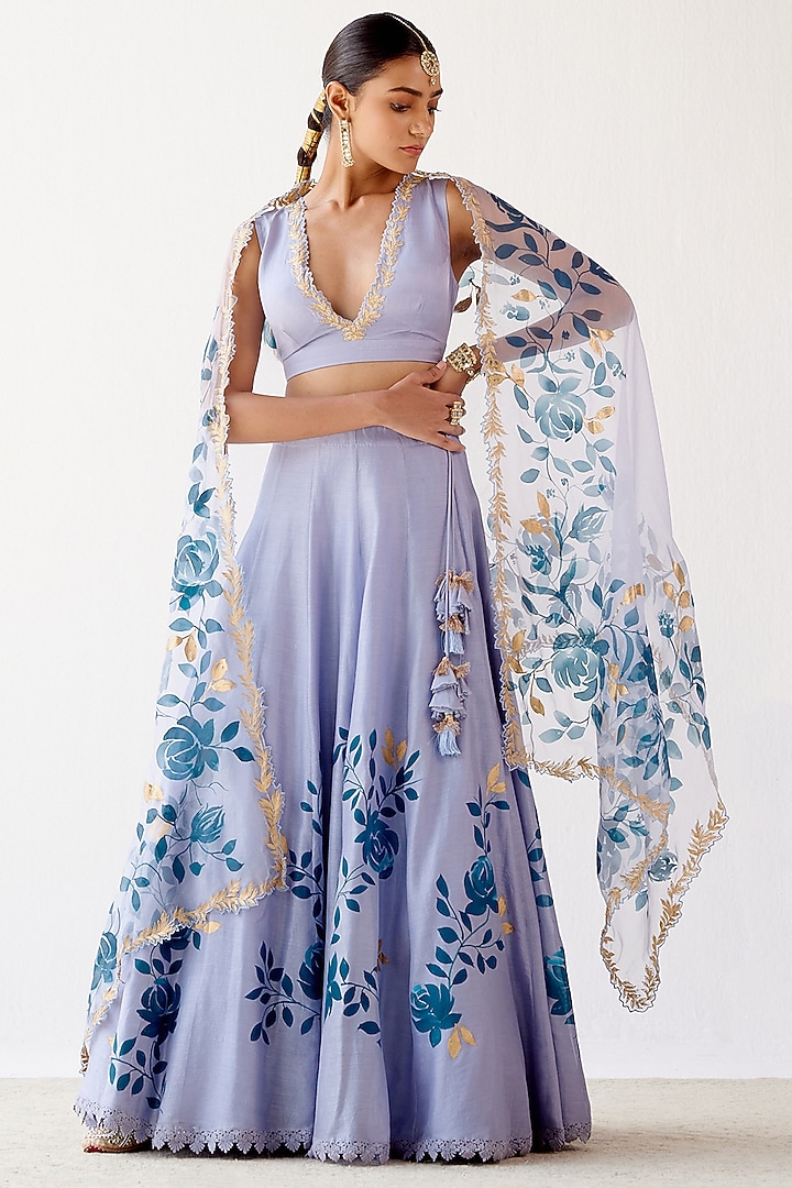 Aegean Blue Hand-Painted Wedding Lehenga Set by Devnaagri at Pernia's Pop Up Shop
