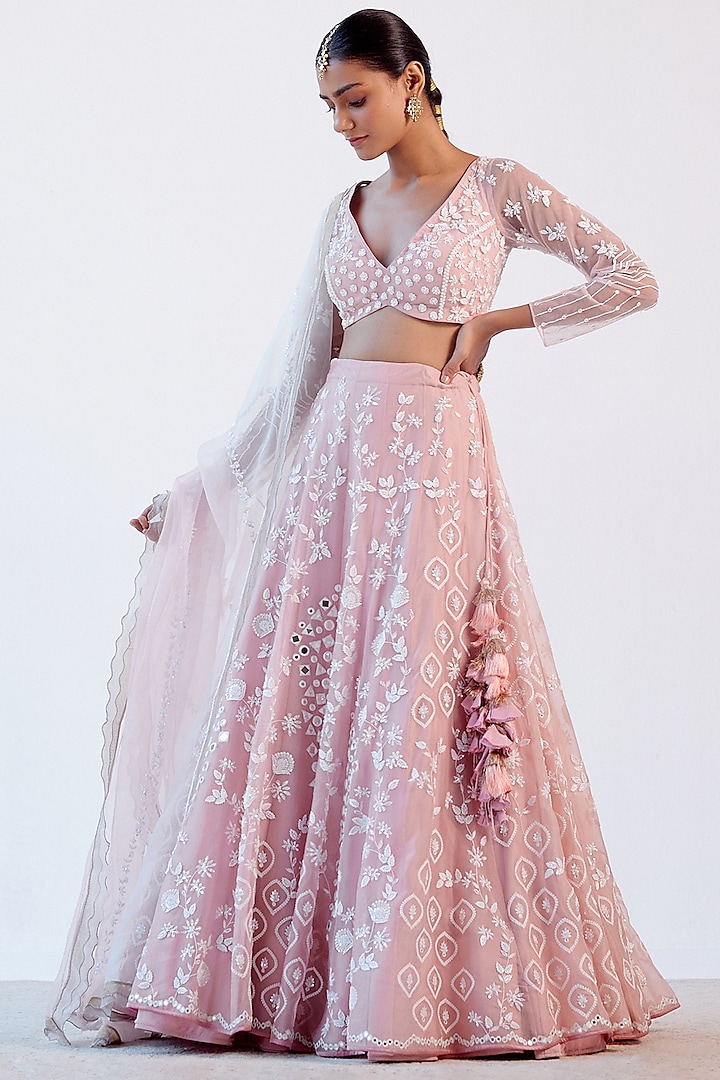 Blush Pink Mirror Embroidered Lehenga Set by Devnaagri