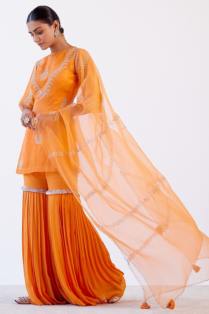 Orange Embroidered Pleated Sharara Set by Devnaagri