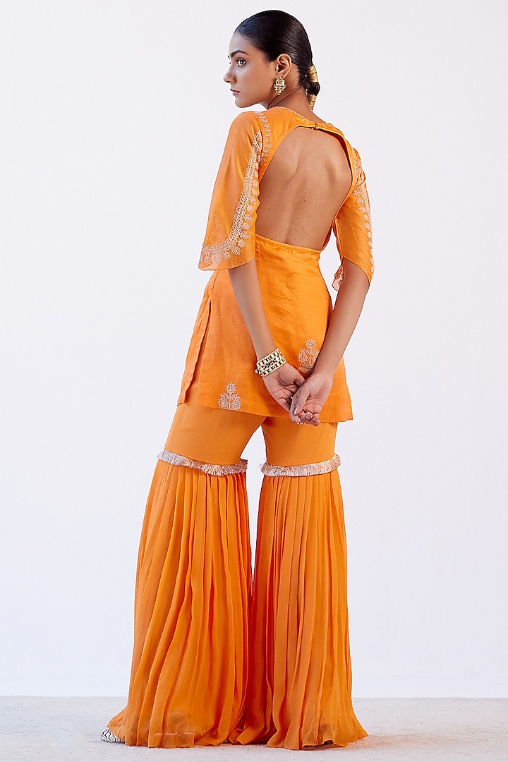 Orange Embroidered Pleated Wedding Sharara Set by Devnaagri at Pernia's Pop Up Shop