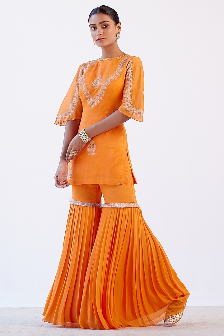 Orange Embroidered Pleated Wedding Sharara Set by Devnaagri at Pernia's Pop Up Shop