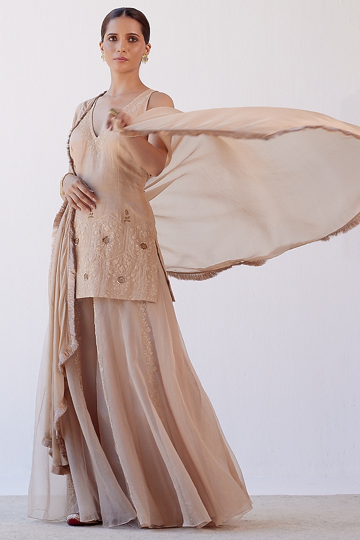 Beige Organza Wedding Sharara Set by Devnaagri at Pernia's Pop Up Shop