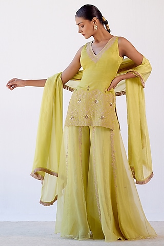 Lime Green Organza Sharara Set by Devnaagri