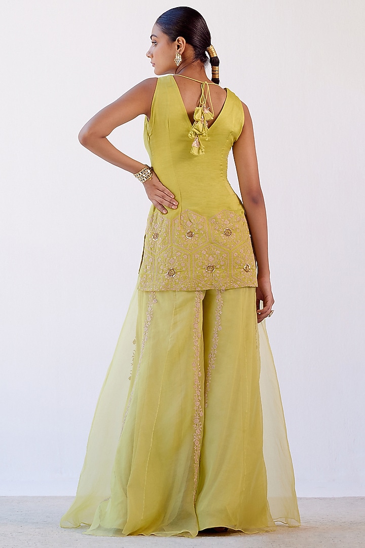 Lime Green Organza Wedding Sharara Set by Devnaagri at Pernia's Pop Up Shop