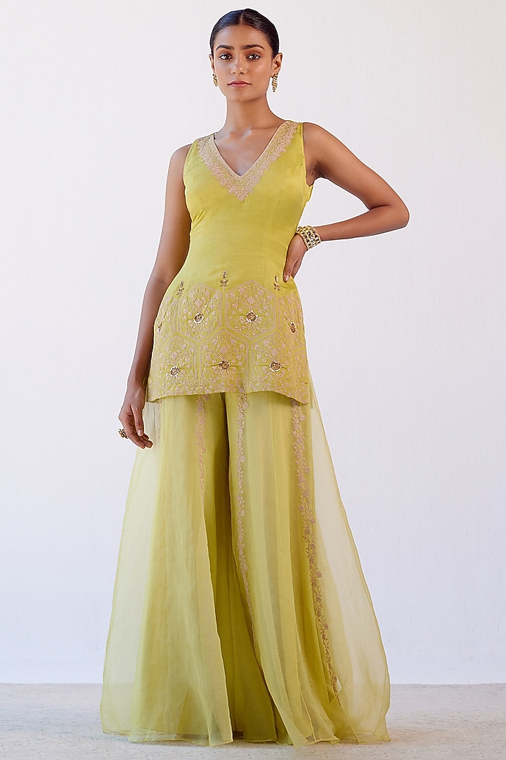 Lime Green Organza Wedding Sharara Set by Devnaagri at Pernia's Pop Up Shop