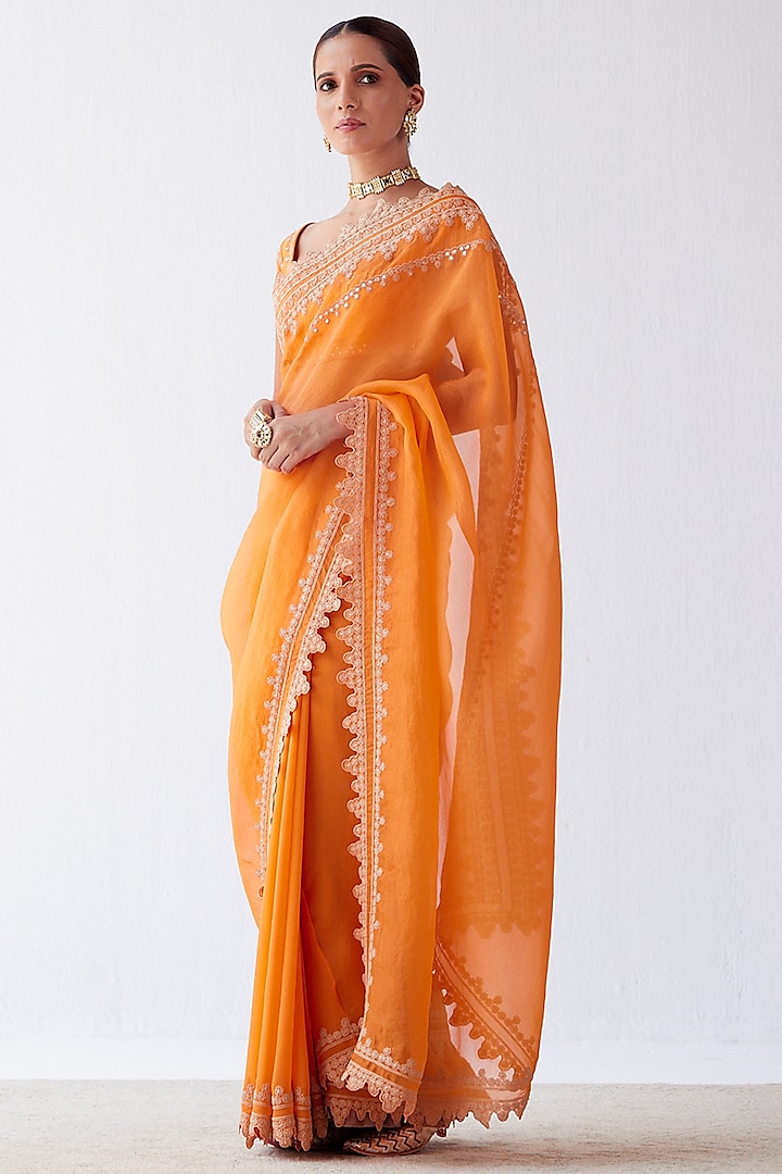 Orange Embroidered Saree Set by Devnaagri