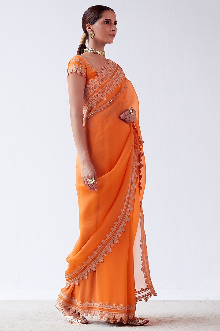 Orange Embroidered Wedding Saree Set by Devnaagri at Pernia's Pop Up Shop