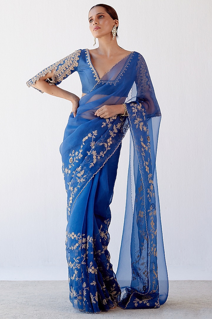 Blue Embroidered Wedding Saree Set by Devnaagri at Pernia's Pop Up Shop