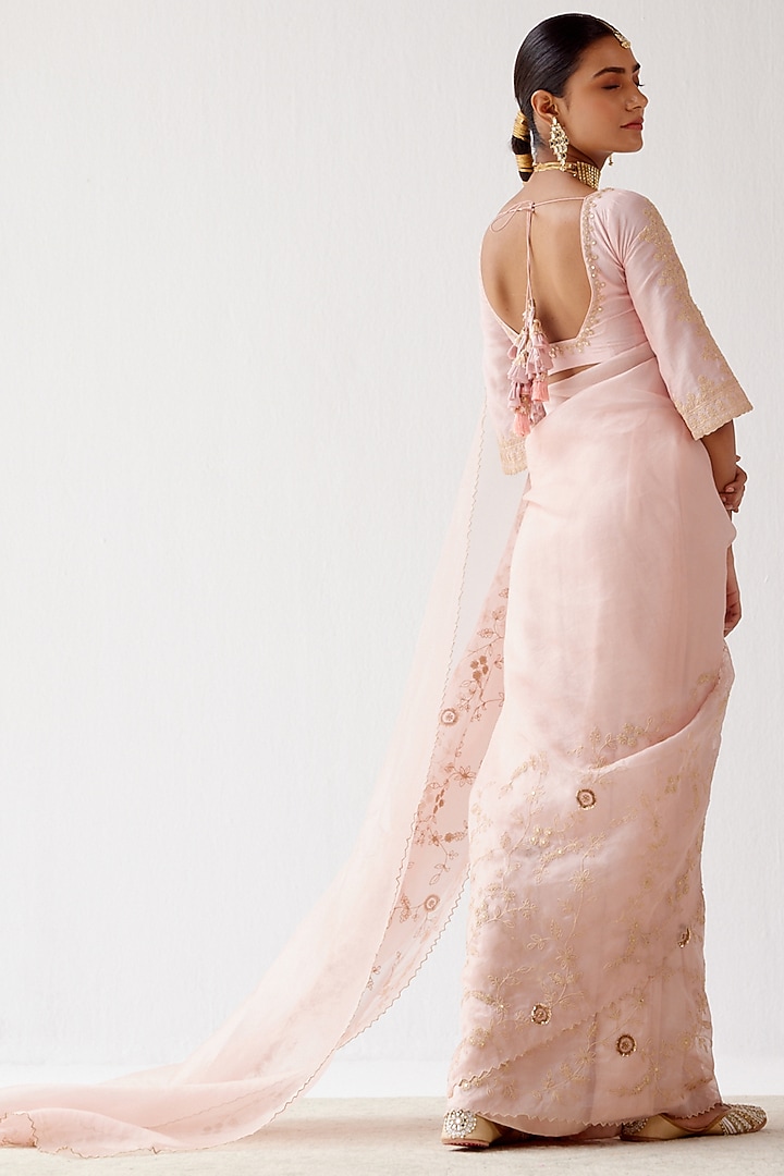 Blush Pink Embroidered Wedding Saree Set by Devnaagri at Pernia's Pop Up Shop