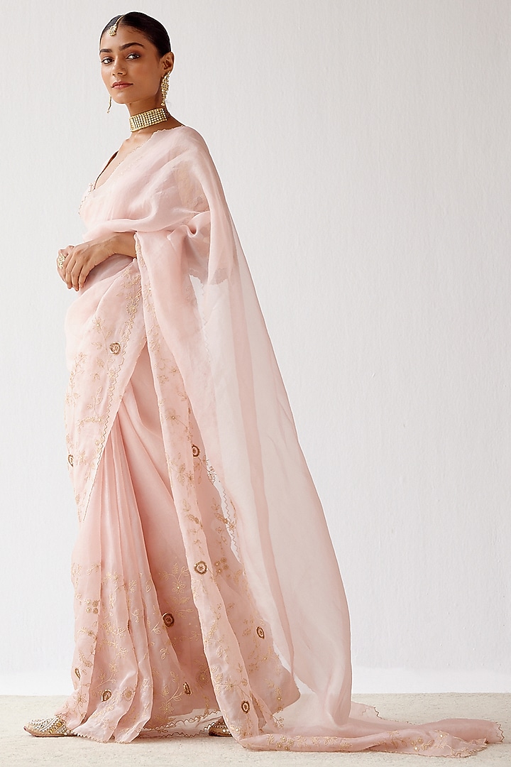 Blush Pink Embroidered Wedding Saree Set by Devnaagri at Pernia's Pop Up Shop