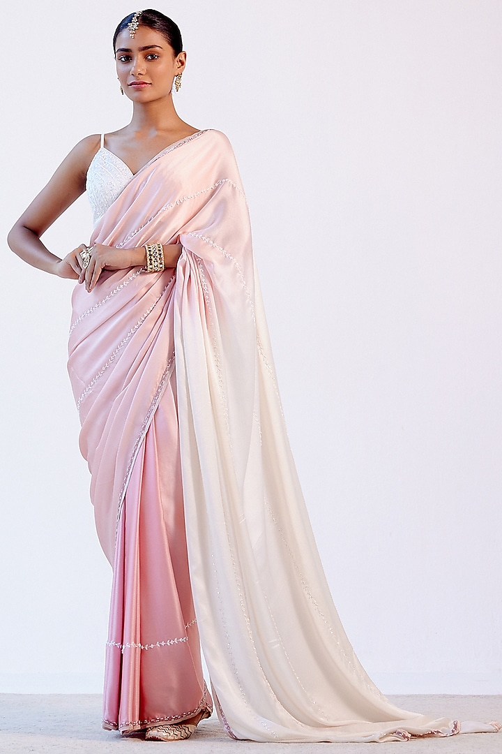 Blush Pink Saree Set With Embroidery by Devnaagri