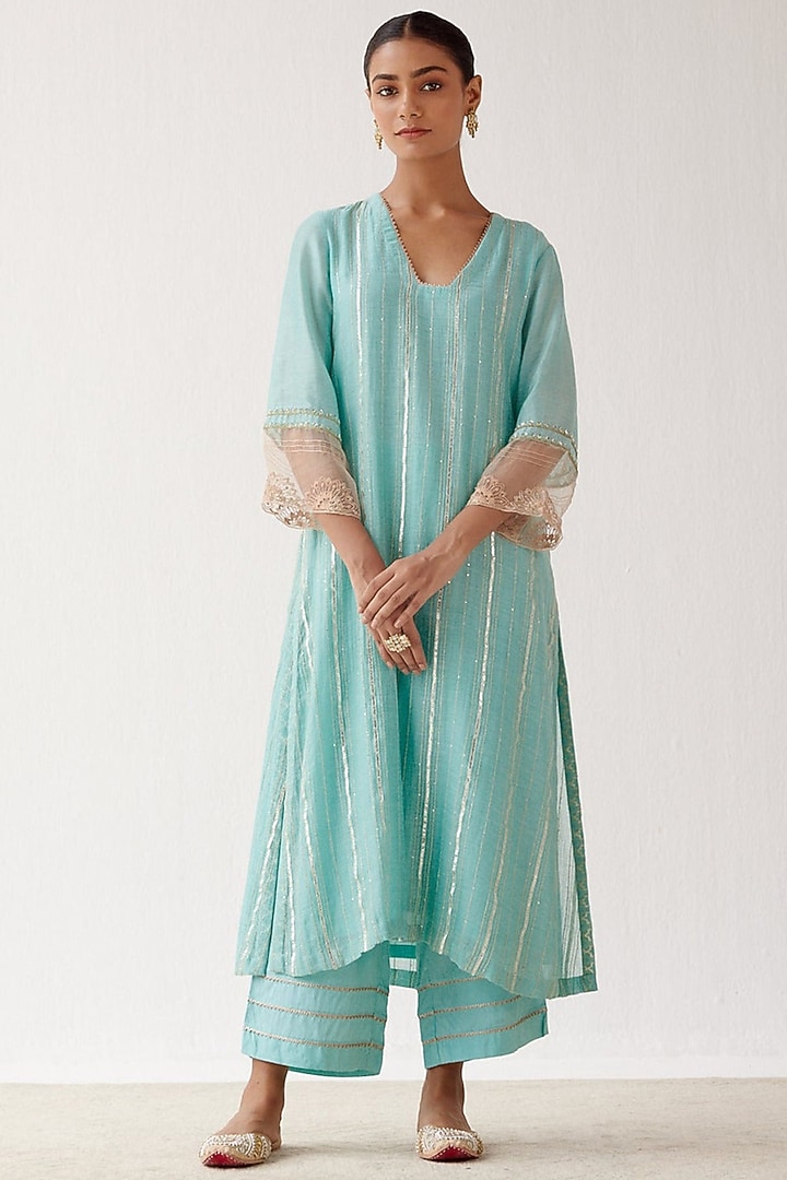 Aqua Blue Embroidered Kurta Set by Devnaagri at Pernia's Pop Up Shop
