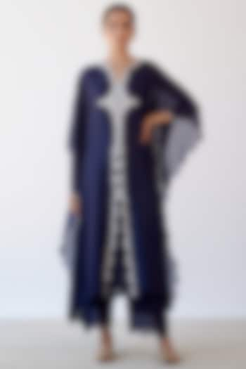 Navy Blue Embroidered Kaftan Set by Devnaagri