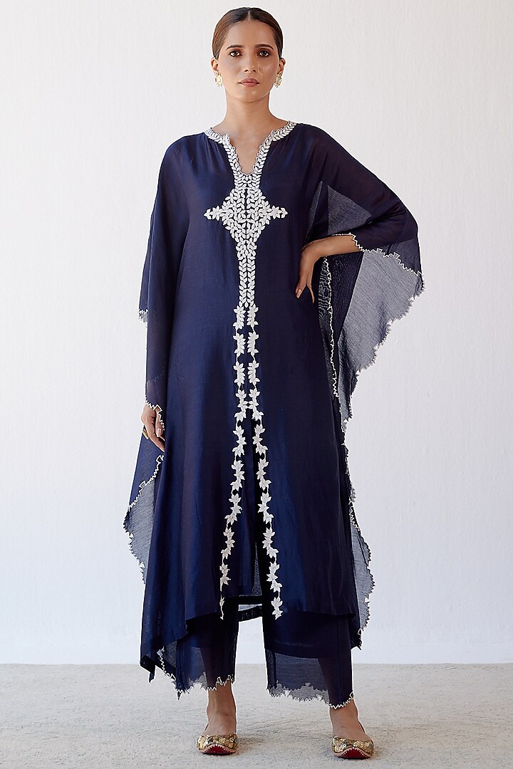 Navy Blue Embroidered Kaftan Set by Devnaagri at Pernia's Pop Up Shop