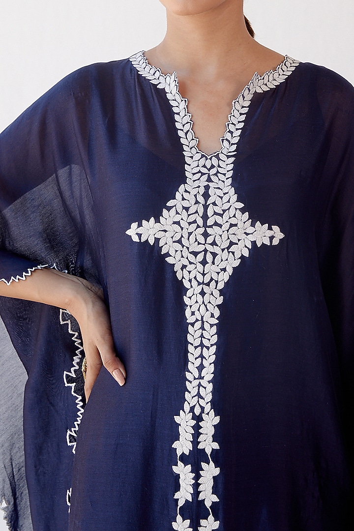 Navy Blue Embroidered Kaftan Set by Devnaagri at Pernia's Pop Up Shop