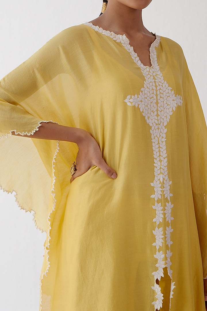Yellow Embroidered Kaftan Set by Devnaagri at Pernia's Pop Up Shop