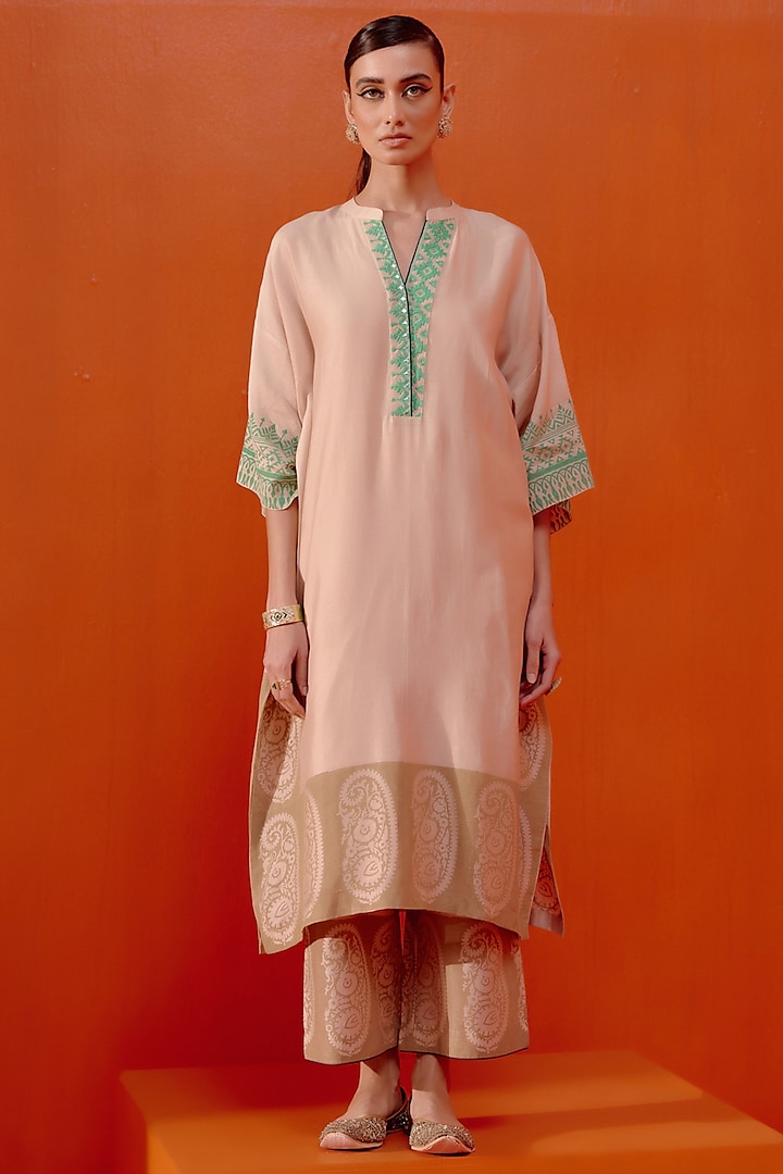 Beige & Green Silk Chanderi Dori Embroidered Kaftan Set by Devnaagri at Pernia's Pop Up Shop