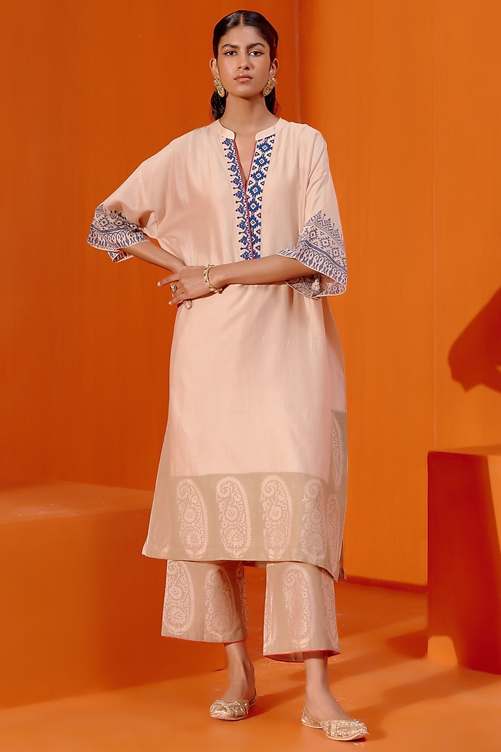 Beige & Blue Silk Chanderi Dori Embroidered Kaftan Set by Devnaagri at Pernia's Pop Up Shop