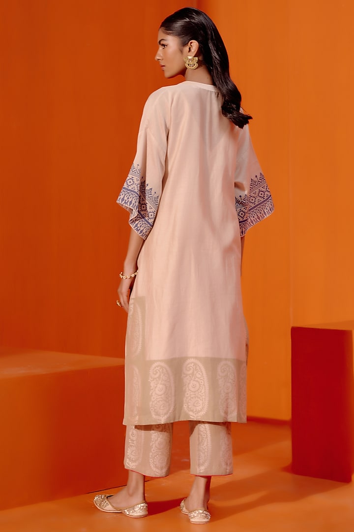 Beige & Blue Silk Chanderi Dori Embroidered Kaftan Set by Devnaagri at Pernia's Pop Up Shop