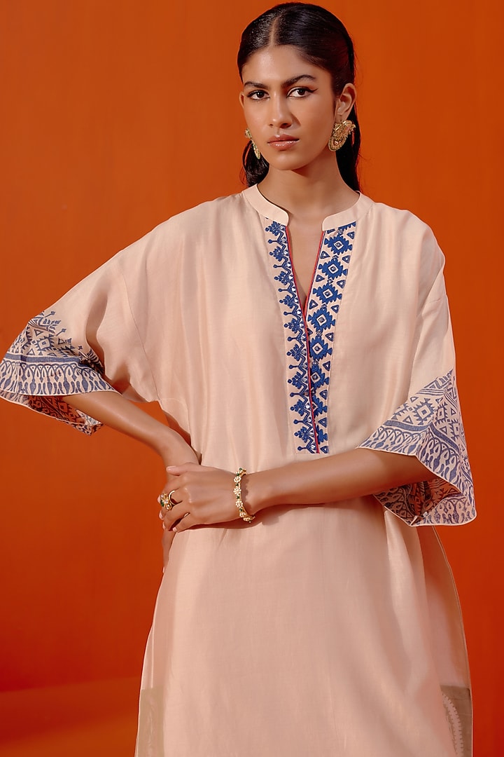 Beige & Blue Silk Chanderi Dori Embroidered Kaftan Set by Devnaagri at Pernia's Pop Up Shop