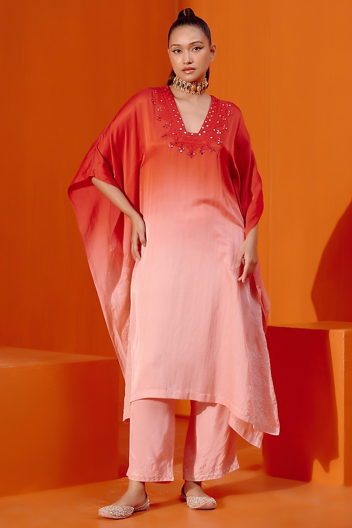 Red Ombre Cotton Silk Satin Dori Embroidered Kaftan Set by Devnaagri at Pernia's Pop Up Shop