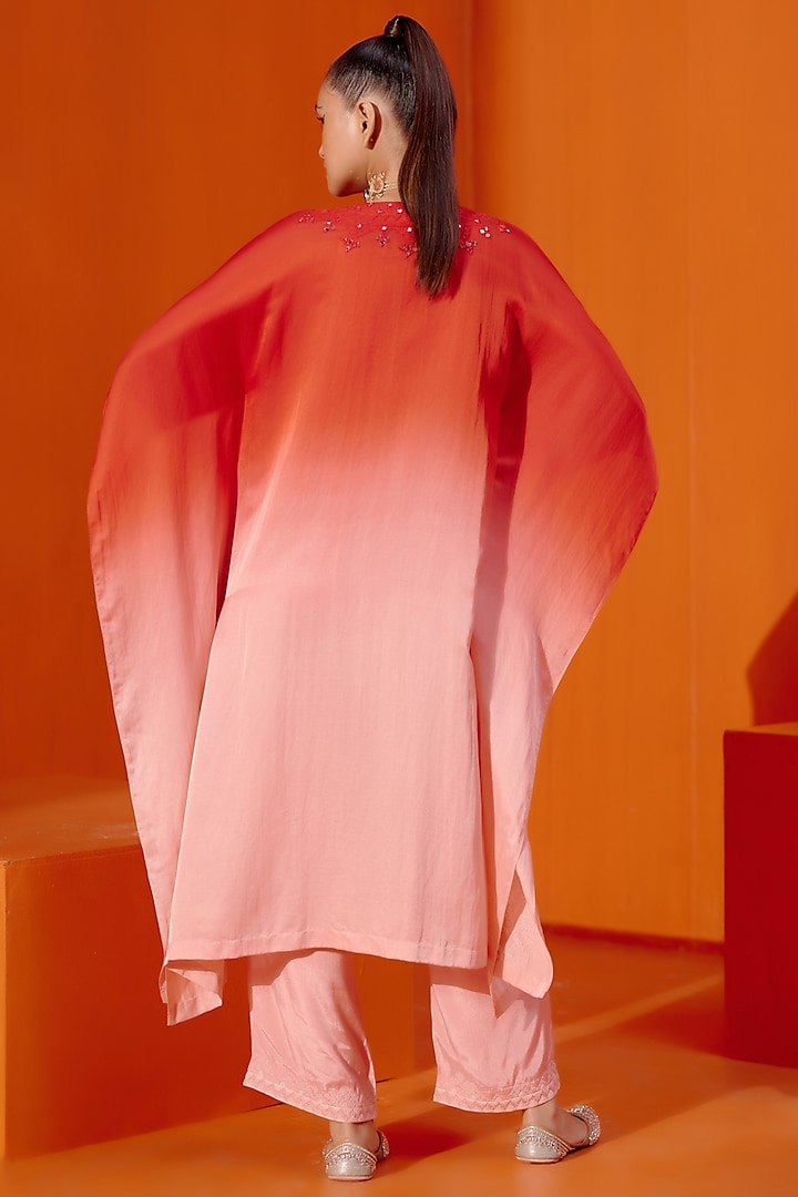 Red Ombre Cotton Silk Satin Dori Embroidered Kaftan Set by Devnaagri at Pernia's Pop Up Shop
