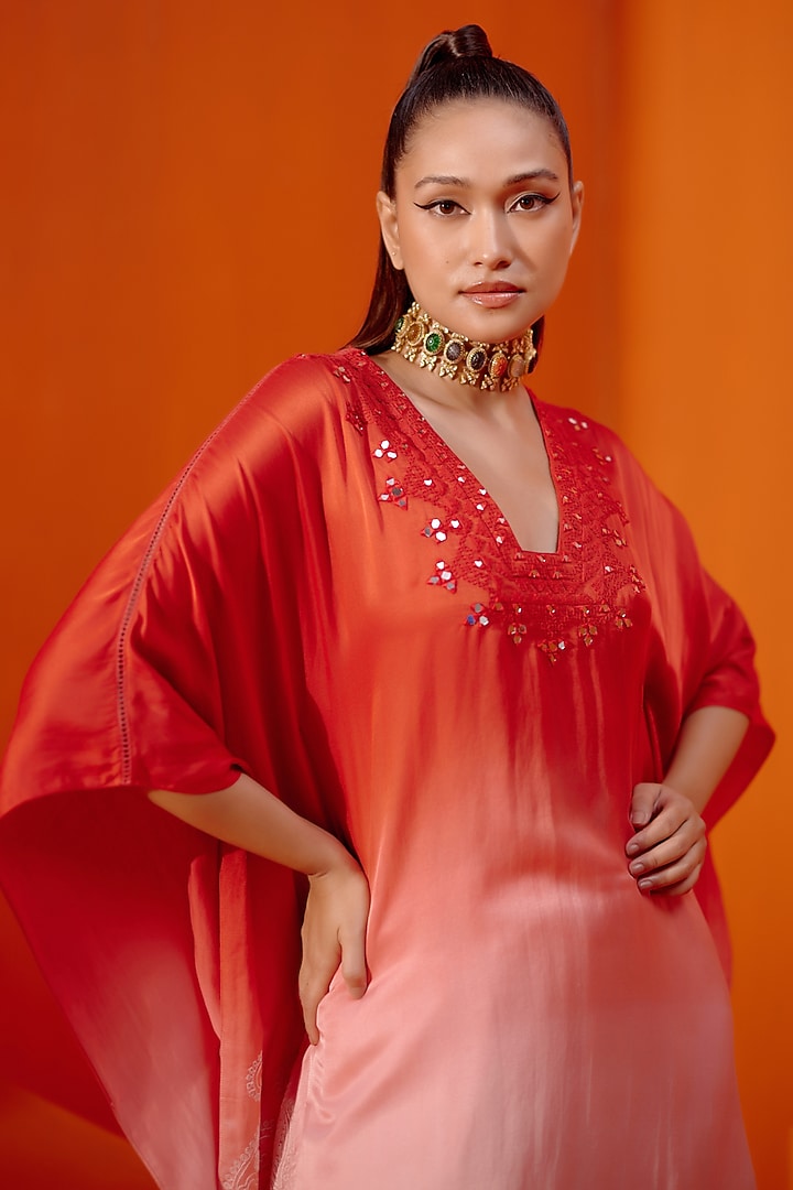 Red Ombre Cotton Silk Satin Dori Embroidered Kaftan Set by Devnaagri at Pernia's Pop Up Shop
