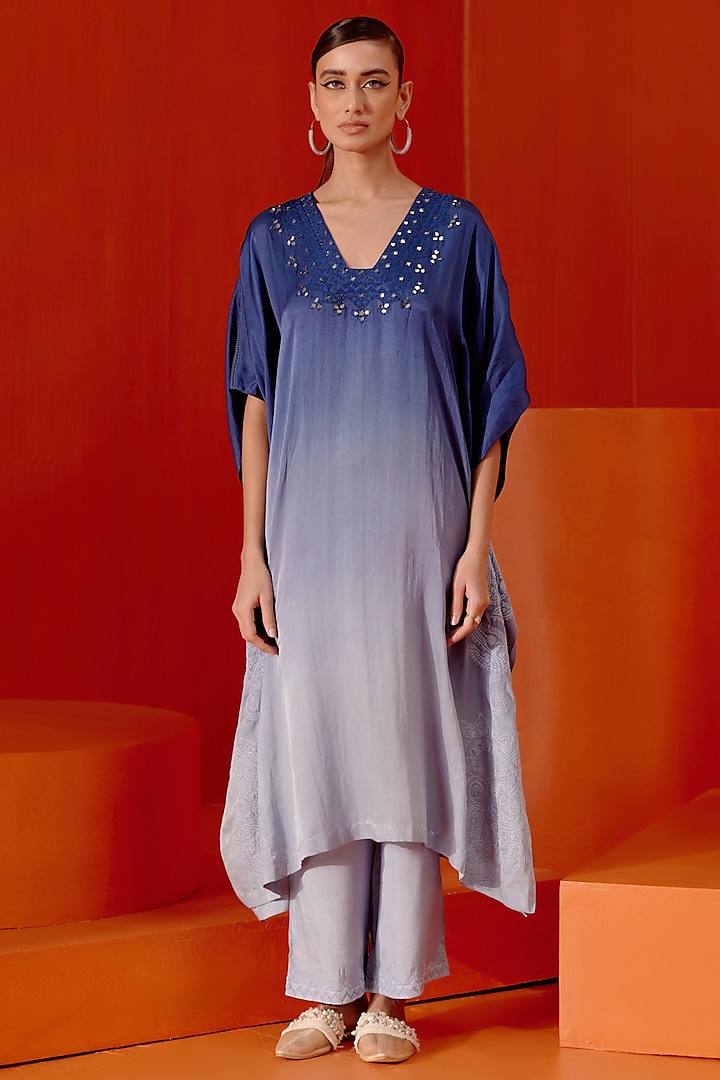 Blue Ombre Cotton Silk Satin Dori Embroidered Kaftan Set by Devnaagri at Pernia's Pop Up Shop