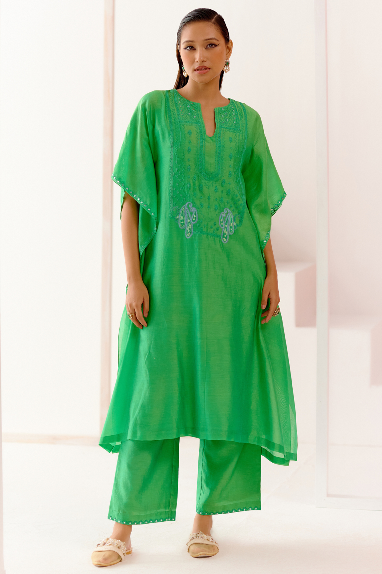 Green Silk Chanderi Dori Embroidered Kaftan Set by Devnaagri at Pernia's Pop Up Shop