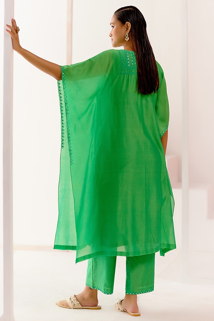Green Silk Chanderi Dori Embroidered Kaftan Set by Devnaagri at Pernia's Pop Up Shop